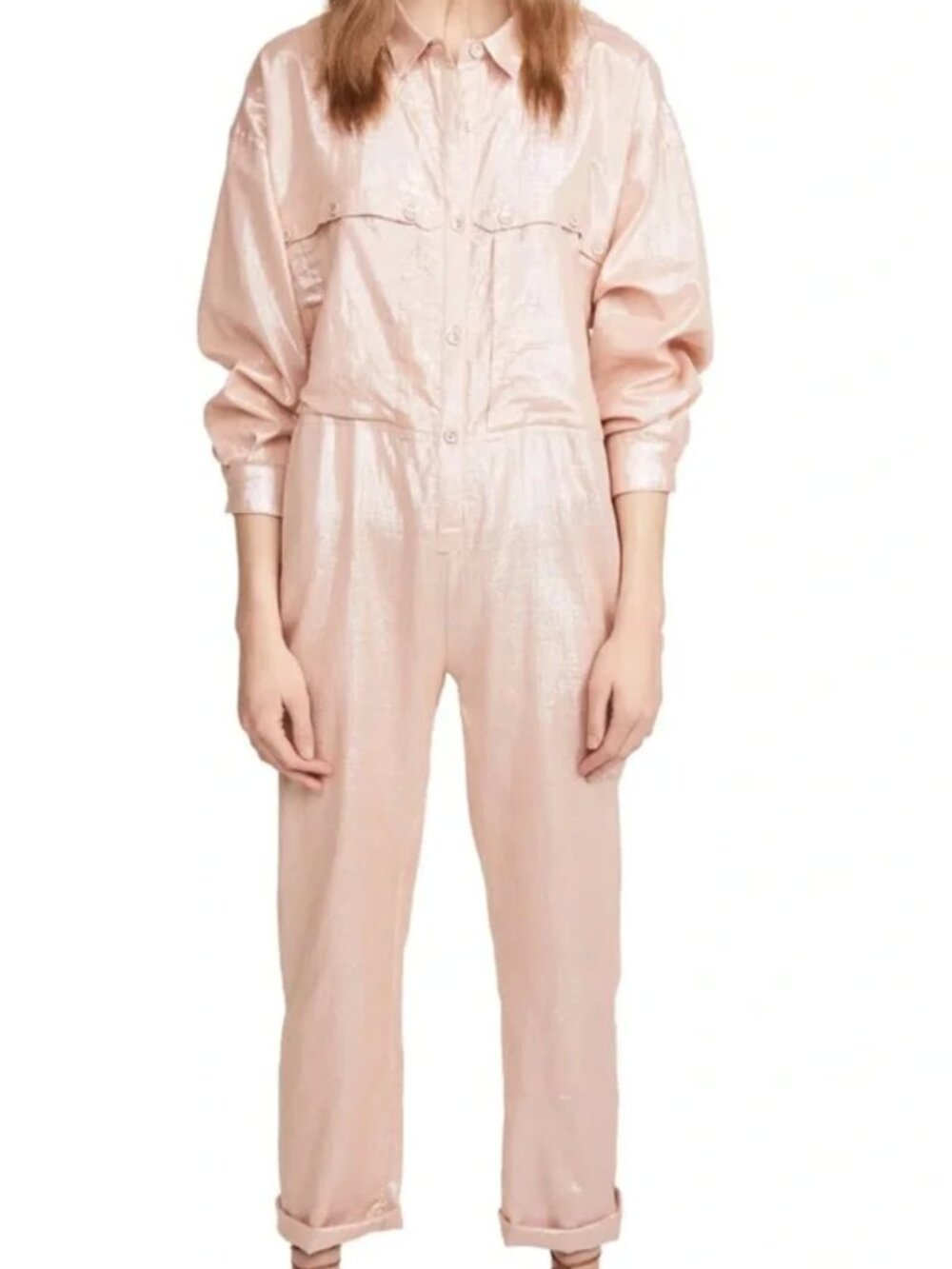 Suzi Kondi Metallic Baby Pink Linen Utility Shimmering Jumpsuit Small